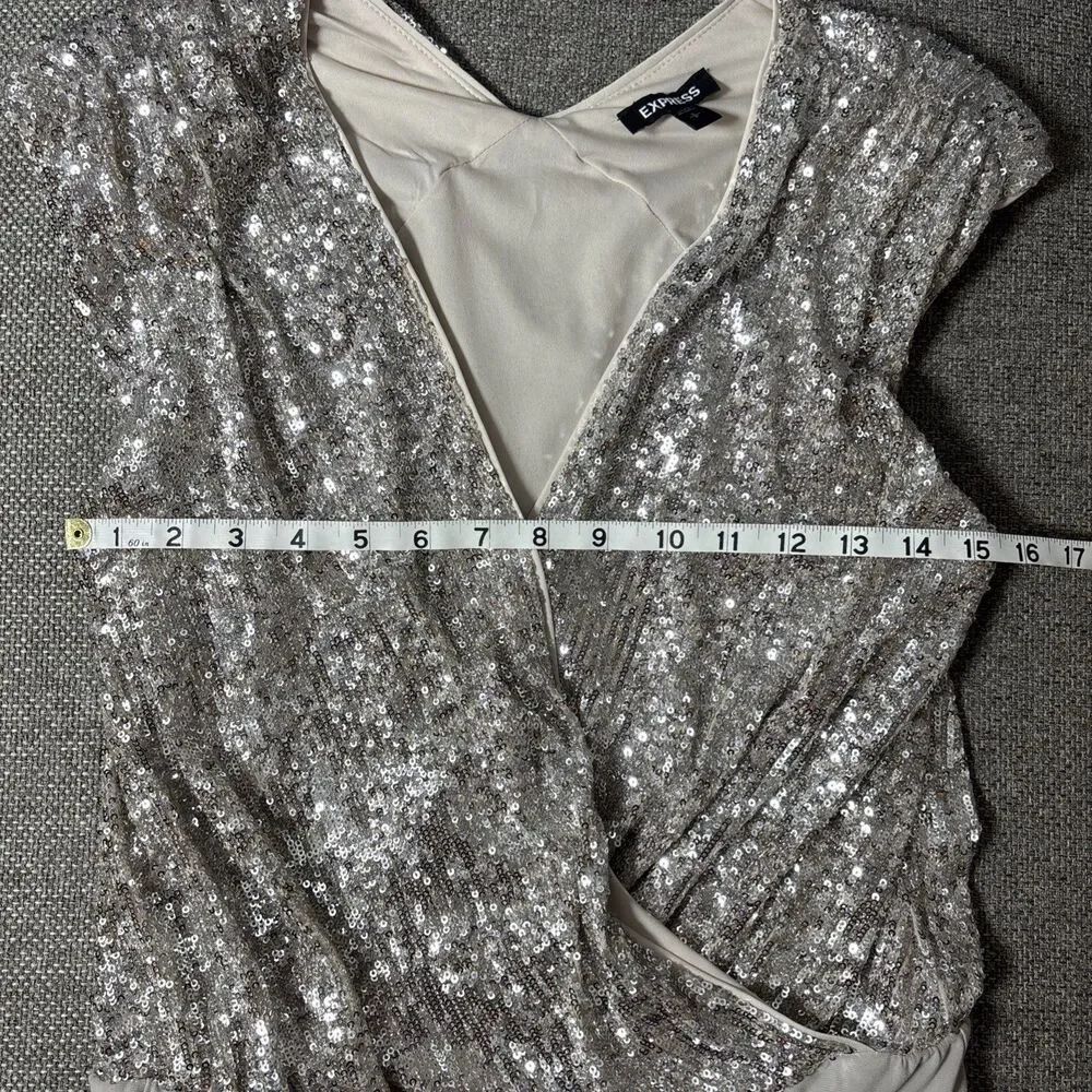 Express Womens Small Silver Sequin Sparkly Stretchy Bodysuit Y2K Glam party - Picture 5 of 7